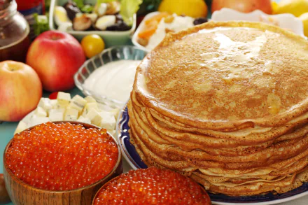 2K Quad HD PC desktop wallpaper and background: still-life of stacked crêpes with bowls of red caviar, fruit, cheese and a dish of sour cream.