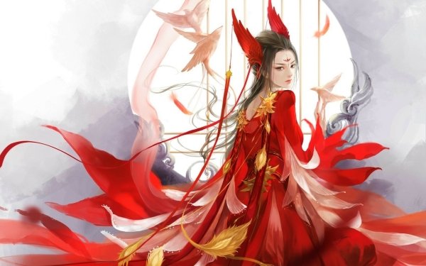 Fantasy Women Red Bird Moon HD Wallpaper | Background Image