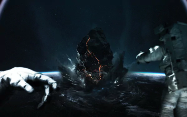 HD desktop wallpaper showing an astronaut in space observing a large asteroid collision with a planet, emitting cracks and fiery details, with a sci-fi ambiance.