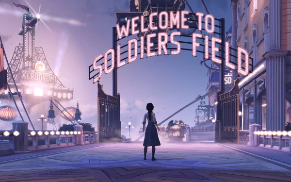 8K Ultra HD PC desktop wallpaper from the video game Bioshock Infinite, featuring a character standing beneath the illuminated Welcome to Soldiers Field sign at dusk.