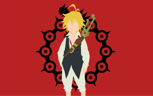 Minimalist HD wallpaper featuring Meliodas from The Seven Deadly Sins anime. The blonde character stands against a red background with black circular designs.