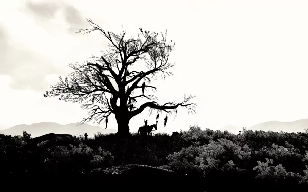 Black and white 4K Ultra HD desktop wallpaper from The Witcher 3: Wild Hunt featuring a barren tree with hanging objects against a cloudy sky.