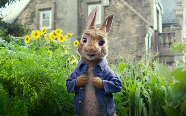 HD PC desktop wallpaper featuring Peter Rabbit standing in front of a garden with sunflowers and a stone house in the background from the movie Peter Rabbit.
