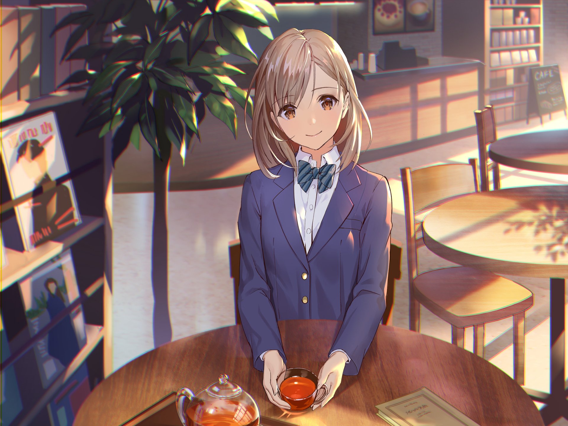 HD anime-style original artwork of a girl in a school uniform holding a cup, set in a warmly lit cafe, designed as a PC desktop wallpaper background.