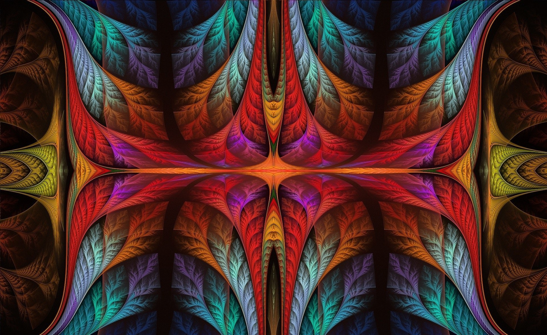 A vibrant, symmetrical abstract fractal design featuring rich, colorful patterns, rendered in high definition as a dynamic PC desktop wallpaper background.