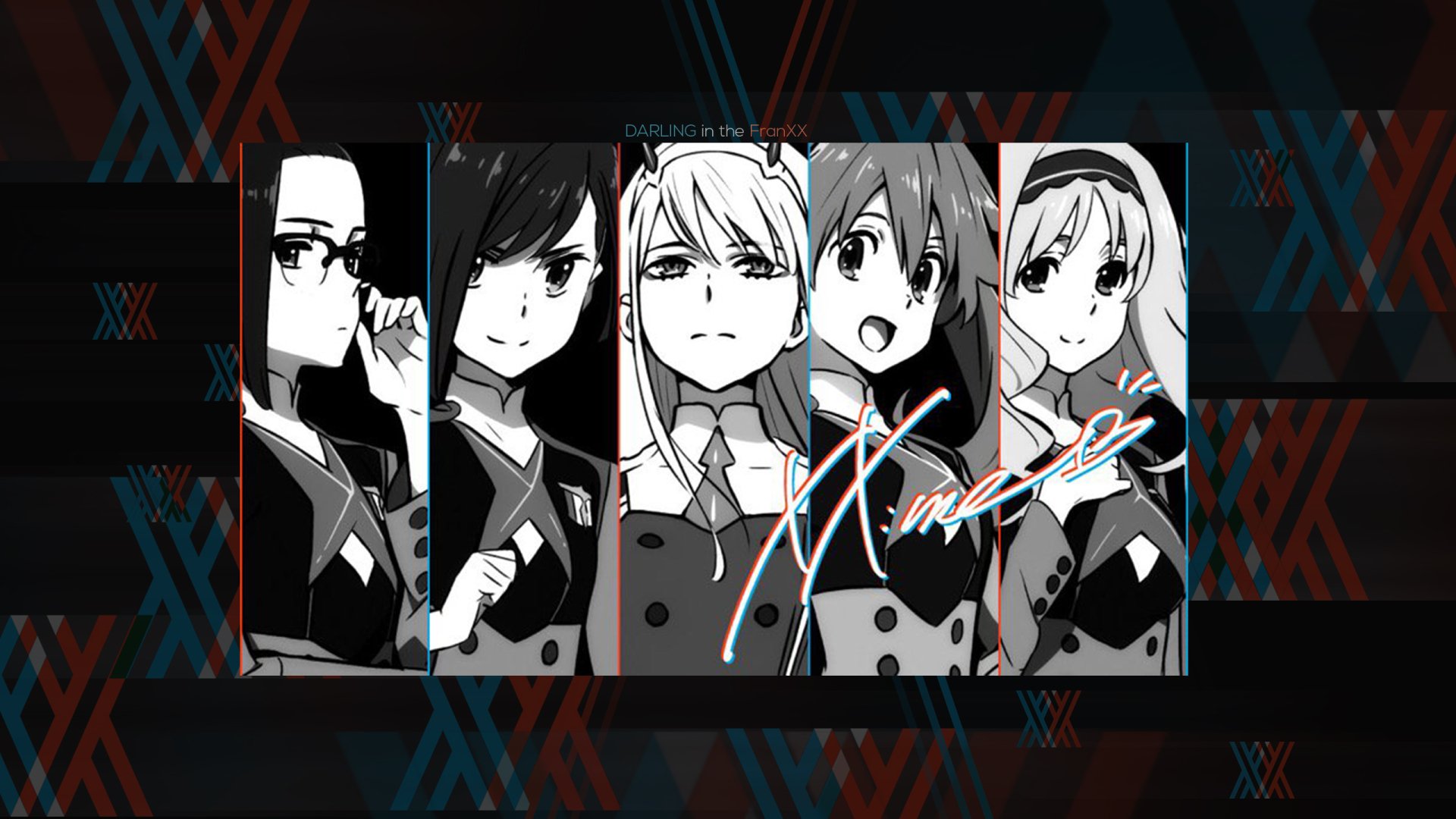 HD desktop wallpaper featuring Ikuno, Miku, Ichigo, Kokoro, and Zero Two from Darling in the FranXX. The characters are portrayed in a striking black and white design.