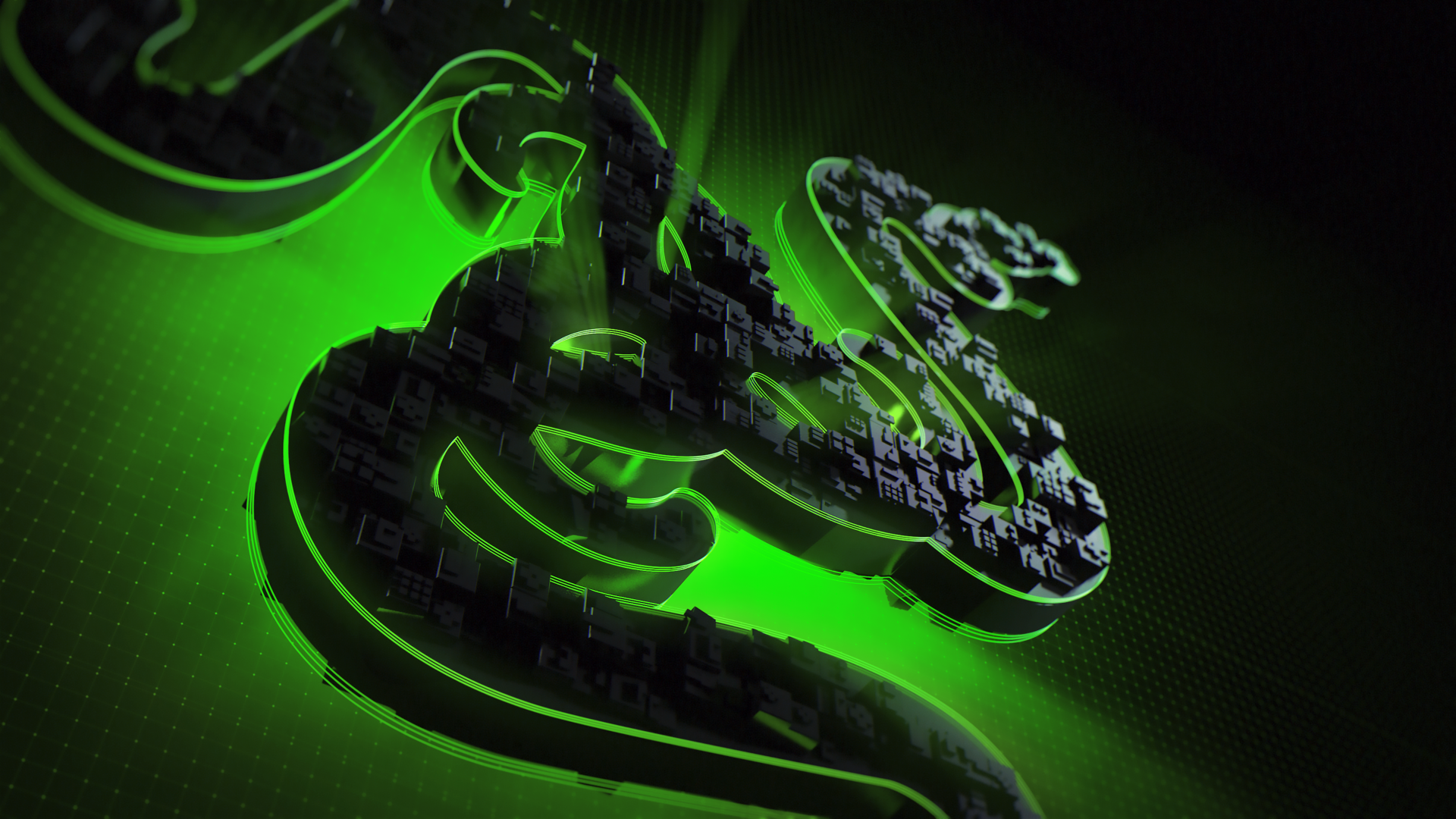 Neon green Razer snake logo made of circuit-like blocks on a dark surface, glowing edge highlights — 4K Ultra HD technology PC desktop wallpaper.