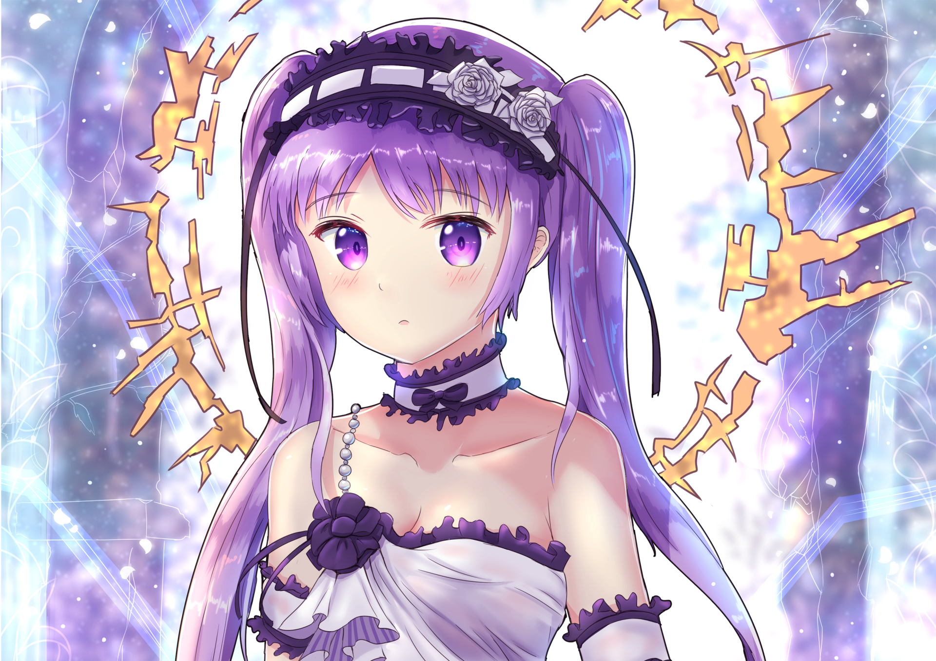 Euryale (Fate/Grand Order) anime portrait with purple hair and violet eyes, ornate choker and headpiece, radiant magic sigils behind her — 2K Quad HD PC desktop wallpaper/background.