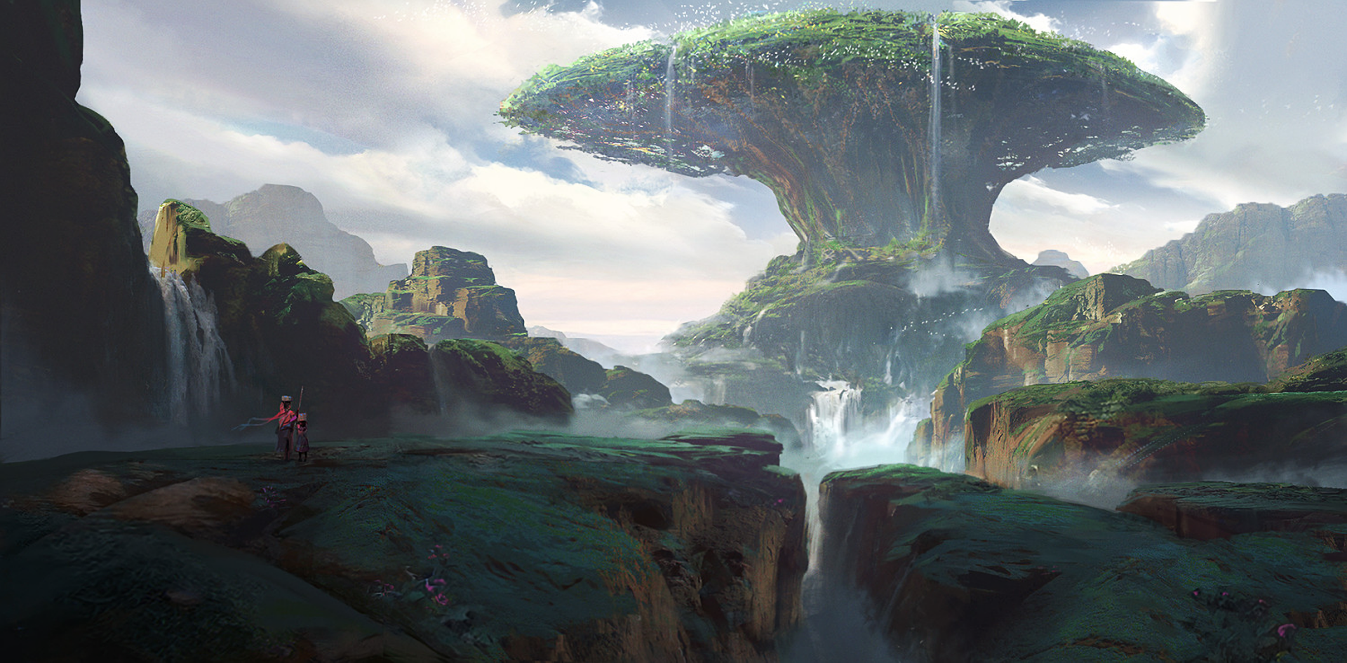 A stunning HD desktop wallpaper featuring a breathtaking fantasy landscape with cascading waterfalls and a colossal tree-like structure in the distance.