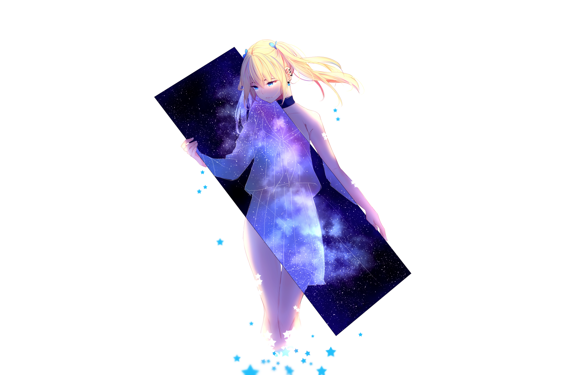 Anime-style original artwork featuring a blonde character holding a cosmic-themed rectangular object, rendered in 4K Ultra HD for PC desktop wallpaper and background.