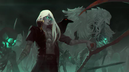 A white-haired necromancer sorcerer with glowing eyes and skeletal undead creatures, including a crow, set against a dark, fantasy-themed HD desktop wallpaper background.