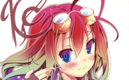 HD PC desktop wallpaper featuring an anime character from No Game No Life with vibrant red hair, blue eyes, and gold goggles resting on her head.
