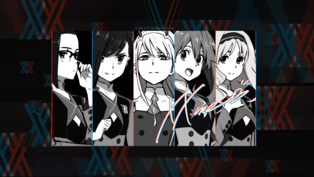 HD desktop wallpaper featuring Ikuno, Miku, Ichigo, Kokoro, and Zero Two from Darling in the FranXX. The characters are portrayed in a striking black and white design.
