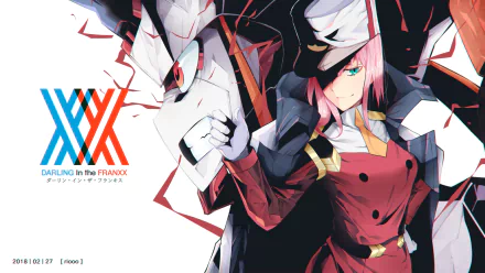 HD desktop wallpaper featuring Zero Two from the anime Darling in the FranXX. Zero Two, dressed in her signature red uniform, is striking a dynamic pose with a mechanical figure in the background.