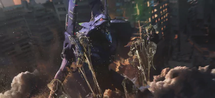 HD desktop wallpaper featuring Evangelion Unit-01 from the anime Neon Genesis Evangelion in a dynamic urban battle scene.