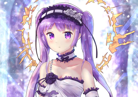 Euryale (Fate/Grand Order) anime portrait with purple hair and violet eyes, ornate choker and headpiece, radiant magic sigils behind her — 2K Quad HD PC desktop wallpaper/background.