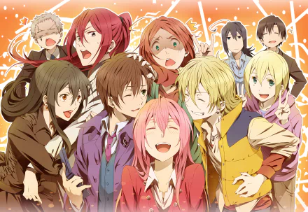 A vibrant HD desktop wallpaper featuring characters from the anime Zetsuen no Tempest, including Takumi Hayakawa, Evangeline Yamamoto, Yoshino Takigawa, Tetsuma Kusaribe, Samon Kusaribe, and others, against an orange background.