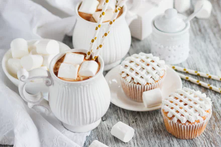 4K UHD still life of hot chocolate topped with marshmallows, alongside two lattice-topped muffins and a bowl of marshmallows on a rustic wooden table.