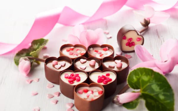 HD desktop wallpaper featuring heart-shaped chocolates decorated with pink and red candy hearts, surrounded by pink ribbon and flowers, evoking love and sweetness.