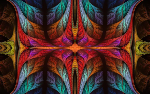 A vibrant, symmetrical abstract fractal design featuring rich, colorful patterns, rendered in high definition as a dynamic PC desktop wallpaper background.
