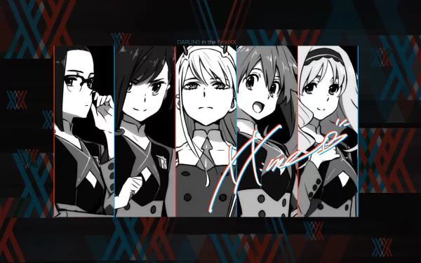 HD desktop wallpaper featuring Ikuno, Miku, Ichigo, Kokoro, and Zero Two from Darling in the FranXX. The characters are portrayed in a striking black and white design.