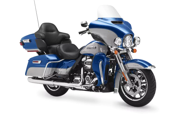 Blue Harley-Davidson Electra Glide Ultra Classic motorcycle on a white background, showcased as a 4K Ultra HD PC desktop wallpaper and background.