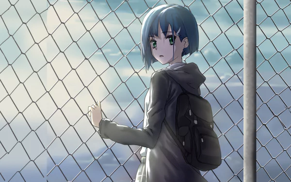 HD desktop wallpaper featuring Ichigo from the anime Darling in the FranXX. Ichigo, with short blue hair, stands against a chain-link fence, holding a backpack and looking over her shoulder.