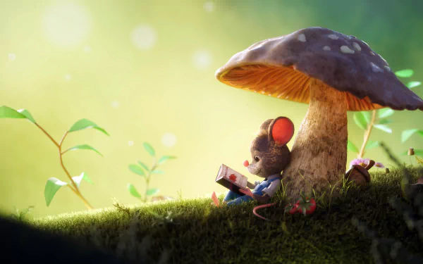 A fantasy HD desktop wallpaper featuring a mouse reading a book under a large mushroom, set against a serene, green background.