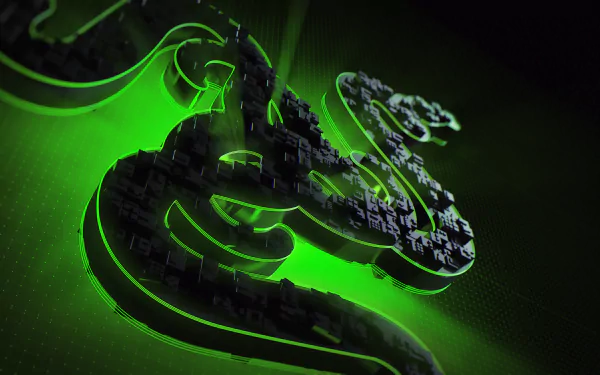 Neon green Razer snake logo made of circuit-like blocks on a dark surface, glowing edge highlights — 4K Ultra HD technology PC desktop wallpaper.