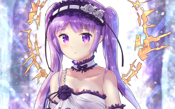 Euryale (Fate/Grand Order) anime portrait with purple hair and violet eyes, ornate choker and headpiece, radiant magic sigils behind her — 2K Quad HD PC desktop wallpaper/background.