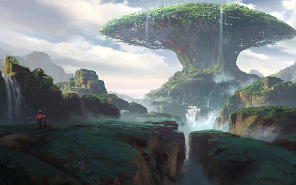 A stunning HD desktop wallpaper featuring a breathtaking fantasy landscape with cascading waterfalls and a colossal tree-like structure in the distance.