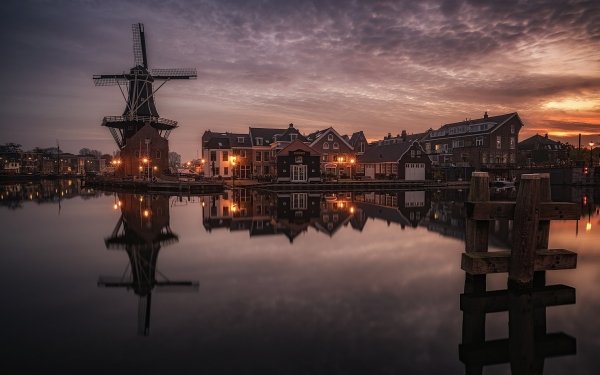 Man Made Haarlem Netherlands Reflection Town House Windmill Building Lake HD Wallpaper | Background Image