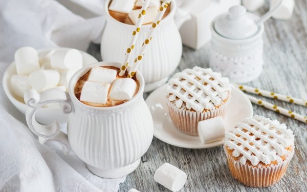 Nahrungsmittel Heiße Schokolade Muffin Marshmallow Stillleben HD Wallpaper | Hintergrund