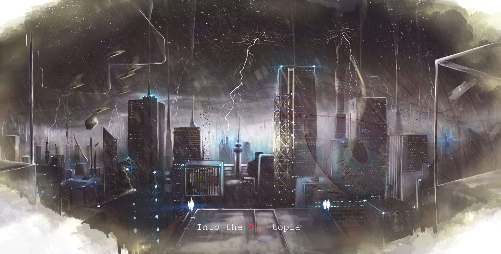 Anime-style nighttime cityscape with skyscrapers illuminated amid a storm, featuring vivid lightning striking across the dark sky in this HD desktop wallpaper.