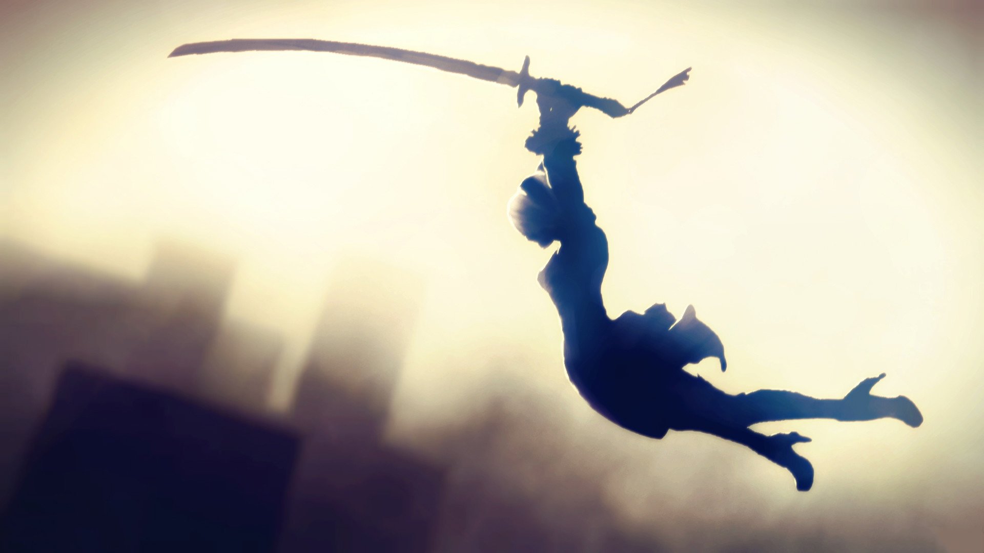 HD wallpaper featuring YoRHa No.2 Type B from the video game NieR: Automata, shown in silhouette mid-air holding a sword, with a blurred cityscape in the background.
