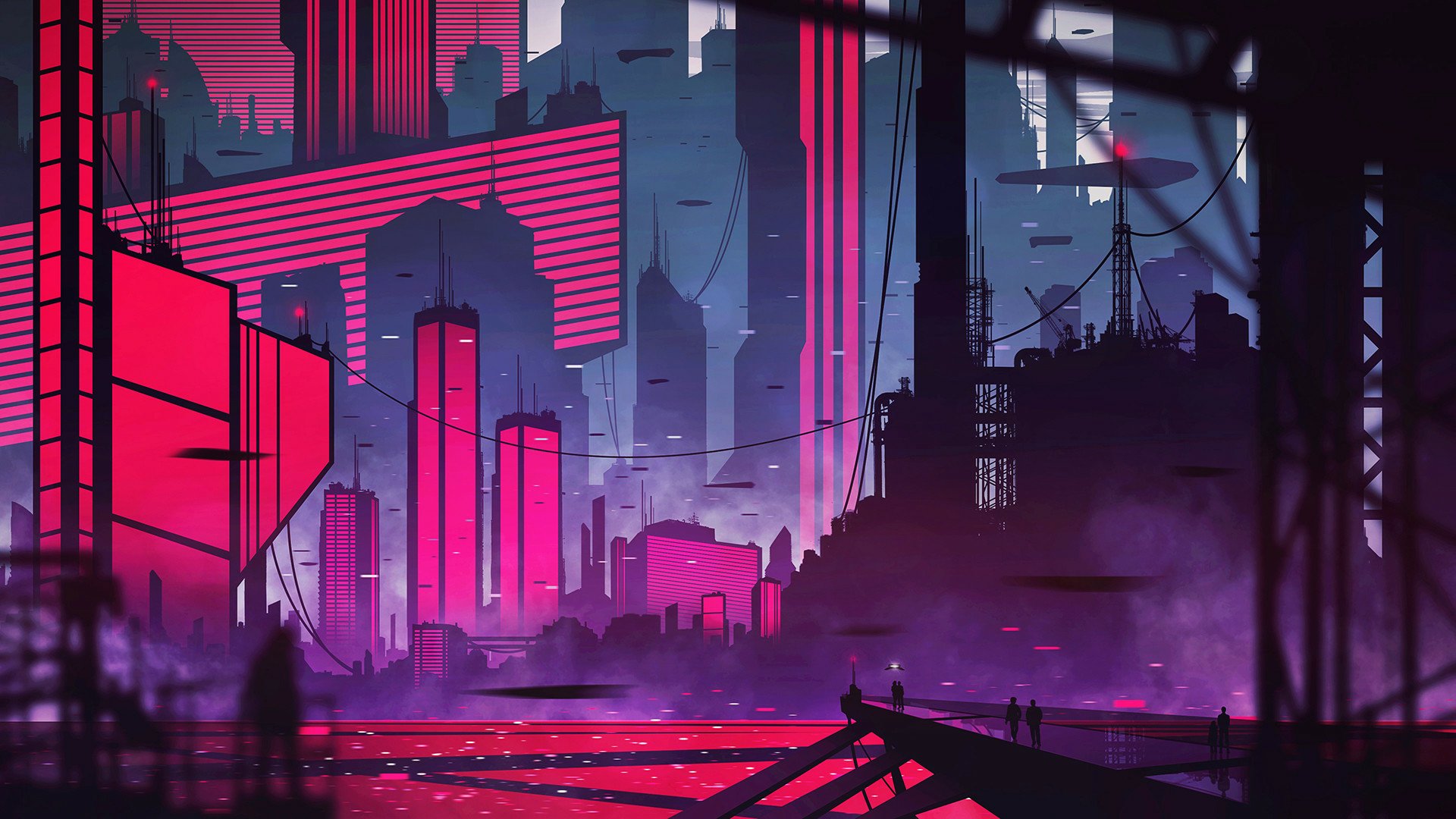 HD desktop wallpaper featuring a futuristic sci-fi cityscape with towering buildings and neon lights in pink and blue hues. The atmosphere is enhanced by shadowy structures and misty surroundings.