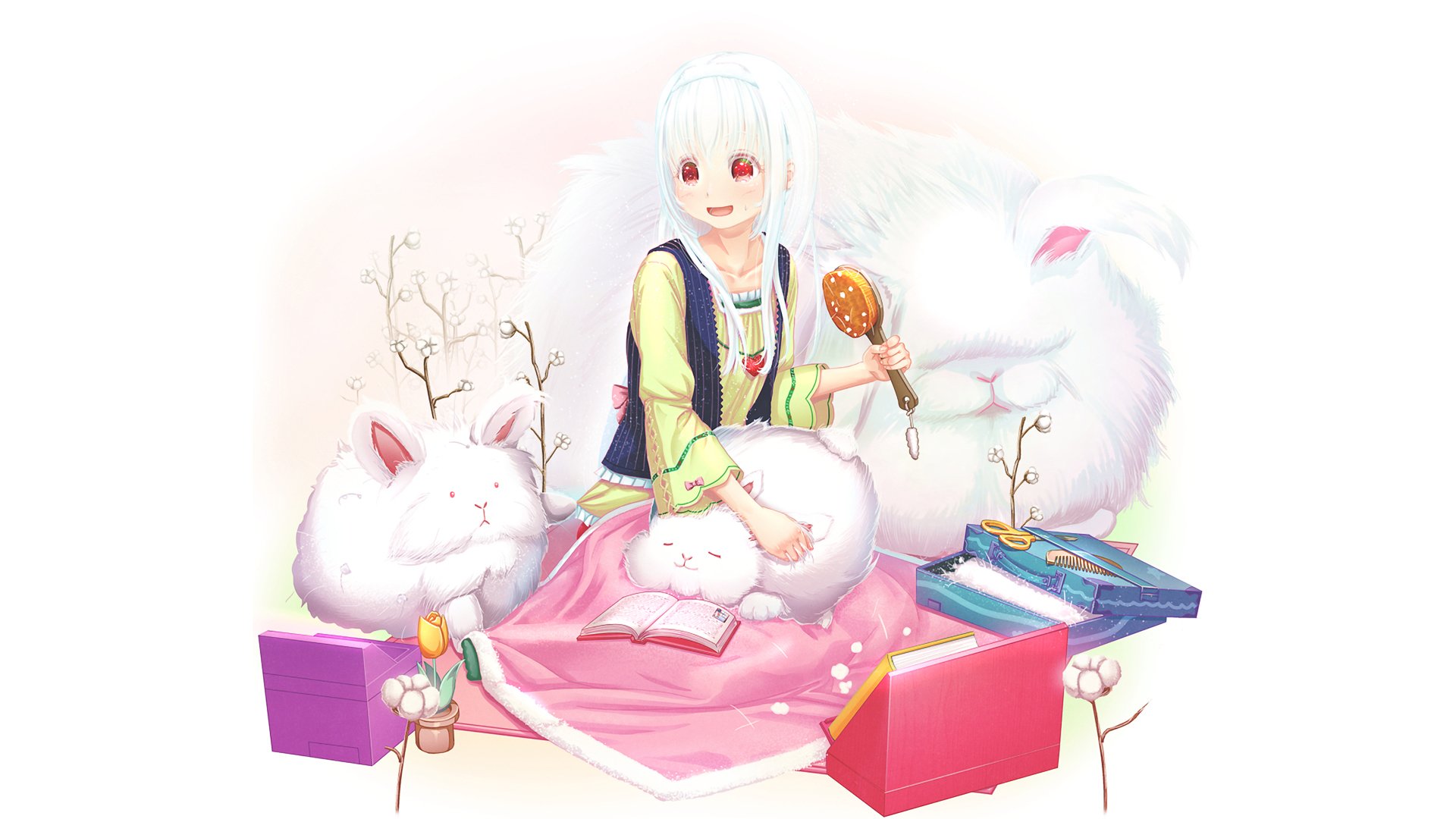 Anime-style original artwork featuring a character with white hair and red eyes surrounded by fluffy white creatures, set as an HD PC desktop wallpaper and background.