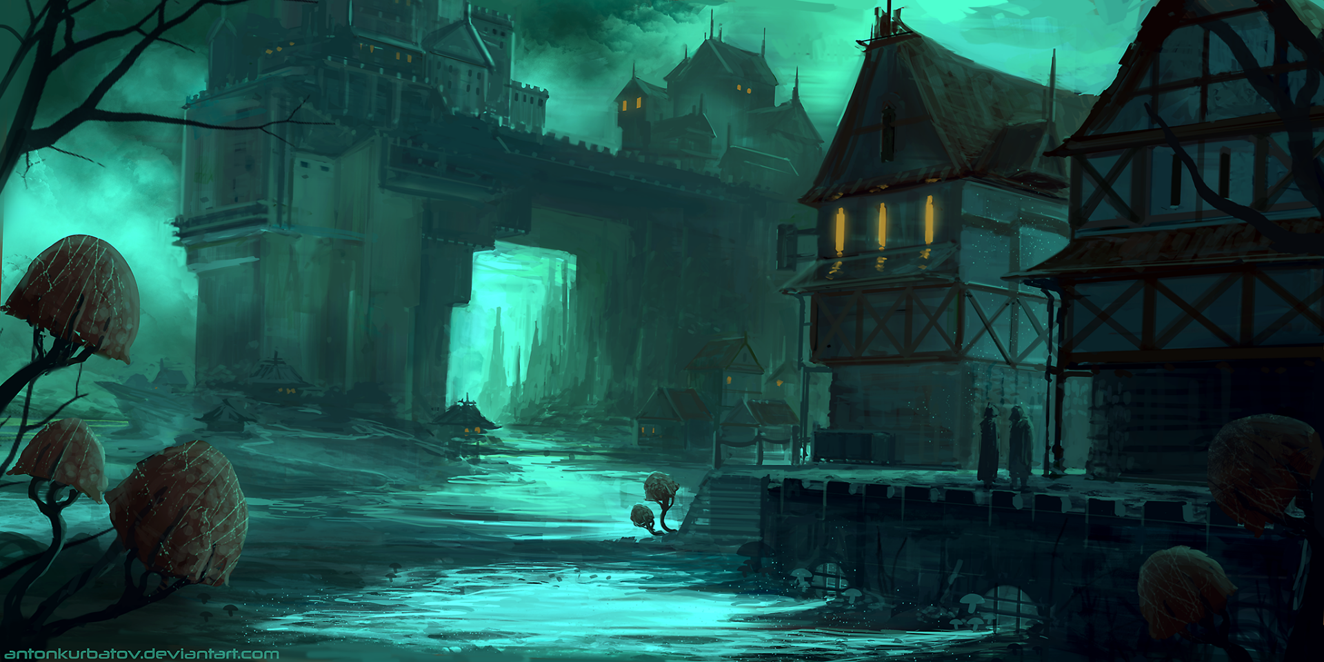 HD PC desktop wallpaper depicting a fantasy city at night with glowing buildings and a mysterious, misty atmosphere along a river.