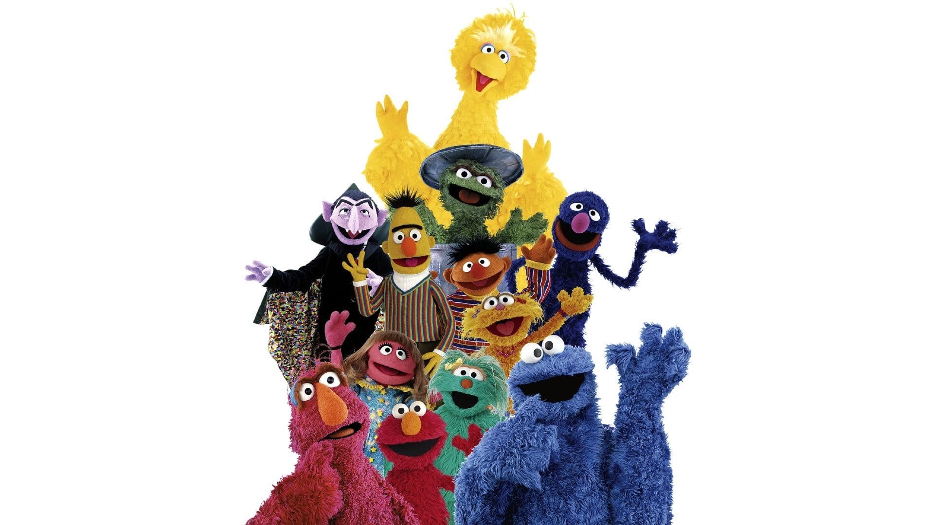 HD PC desktop wallpaper featuring a colorful group of Sesame Street characters from the TV show, showcasing their playful and friendly personalities.