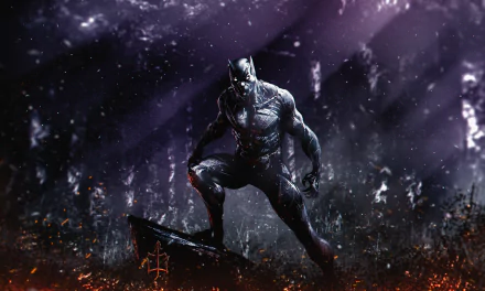 HD PC desktop wallpaper featuring Marvel Comics' Black Panther poised in a dark, mystical forest with glowing embers and purple light beams.