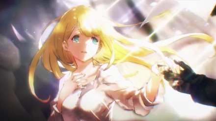 HD anime desktop wallpaper featuring Tsuareninya Veyron from Overlord, with flowing blonde hair and striking aqua eyes illuminated by radiant light effects.