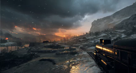 A snowy Battlefield 1 scene featuring a train under a dramatic, cloudy sky, rendered as a high-definition PC desktop wallpaper.