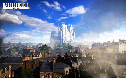 HD PC desktop wallpaper featuring a detailed cityscape and a towering cathedral from the video game Battlefield 1 under a bright, partly cloudy sky.