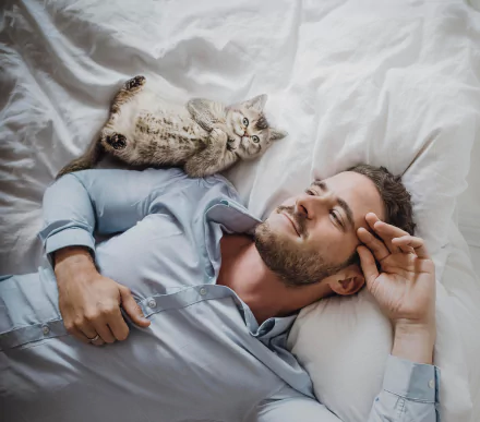 A bearded man model lies on a bed with a relaxed smile, while a cat stretches out beside him, captured in an HD PC desktop wallpaper and background.