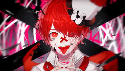 HD anime-style desktop wallpaper featuring Fukase from Vocaloid with striking red hair and eyes, surrounded by dynamic black, white, and pink elements.