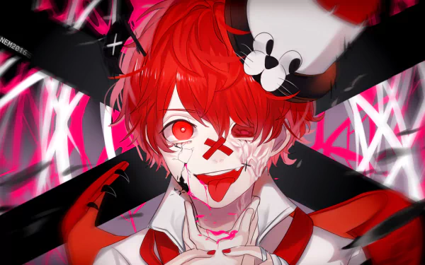 HD anime-style desktop wallpaper featuring Fukase from Vocaloid with striking red hair and eyes, surrounded by dynamic black, white, and pink elements.