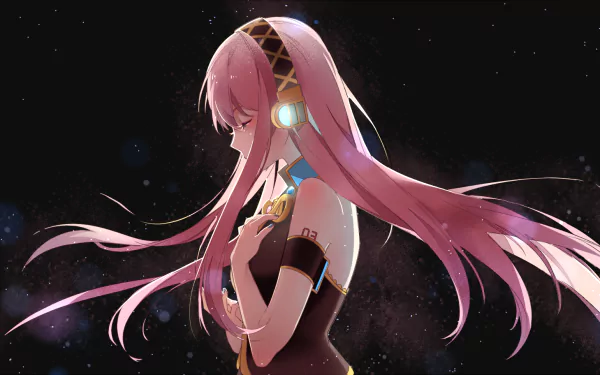 HD PC desktop wallpaper featuring Luka Megurine from Vocaloid, depicted with flowing pink hair and headphones against a dark, starry background.
