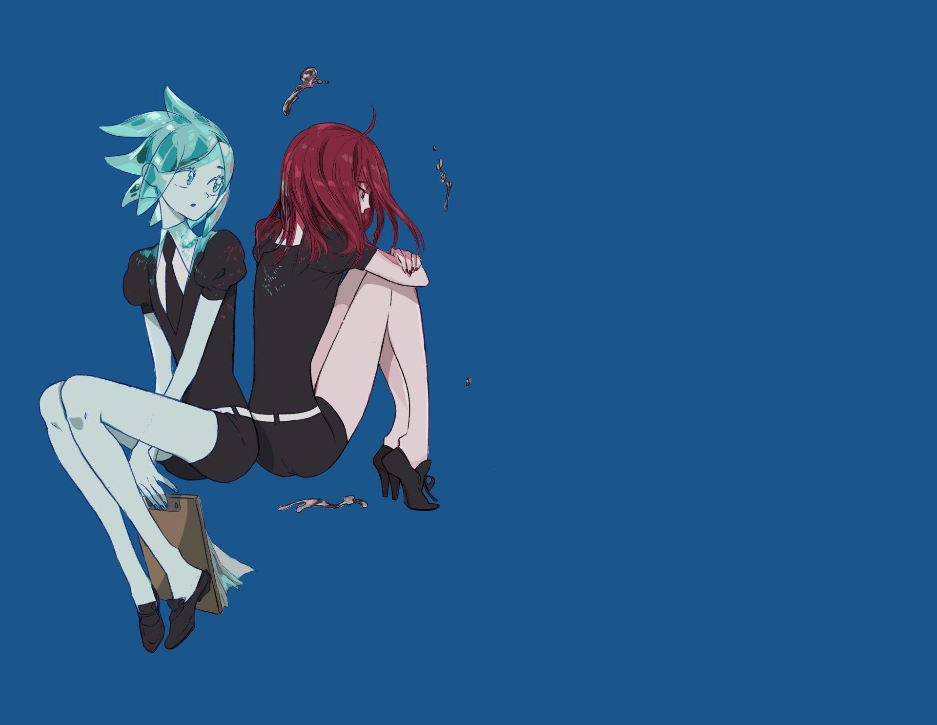 2K Quad HD PC desktop wallpaper of Phosphophyllite and Cinnabar from Land of the Lustrous: anime-style duo seated back-to-back on a solid blue background.