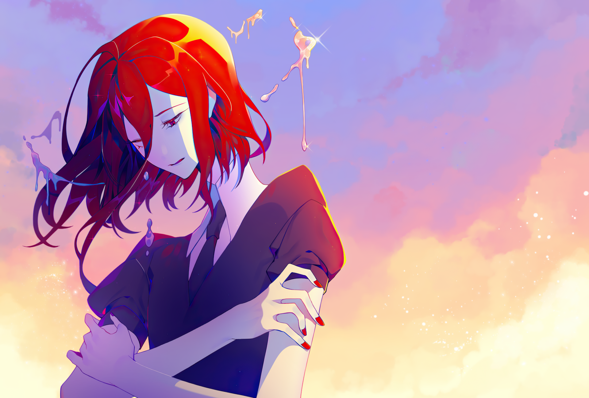 HD PC desktop wallpaper featuring Cinnabar from the anime Land of the Lustrous, depicted with flowing hair against a vibrant, colorful sky background.