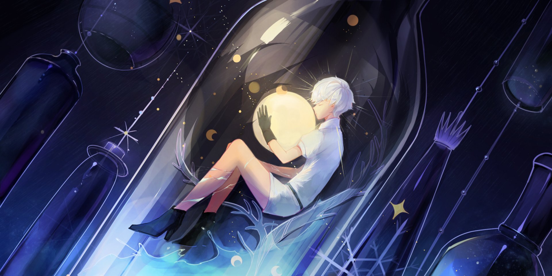 HD anime desktop wallpaper featuring Antarcticite from Land of the Lustrous, holding a glowing orb amidst a cosmic, star-filled background.